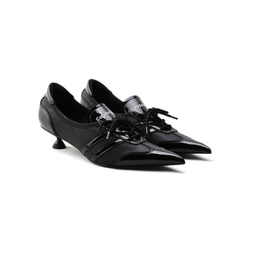 "Darkstar" Mixed Patent & Matte Black Leather Lace-Up Pointed Toe Mini Flared Kitten Heel Derby Pumps 3.5CM Cyber Avant-Garde Dress Shoes