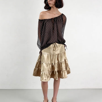 2AM POETRY Gold Pleated Skirt: Pleated, Drawstring Waist, Layered A-Line Midi Skirt
