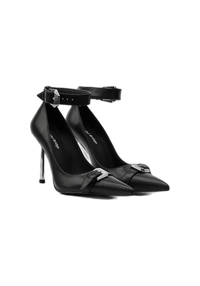 Leather Metal Buckle Ankle Strap Pointed Stiletto Pumps 10CM Business Avant-Garde Designer Heels