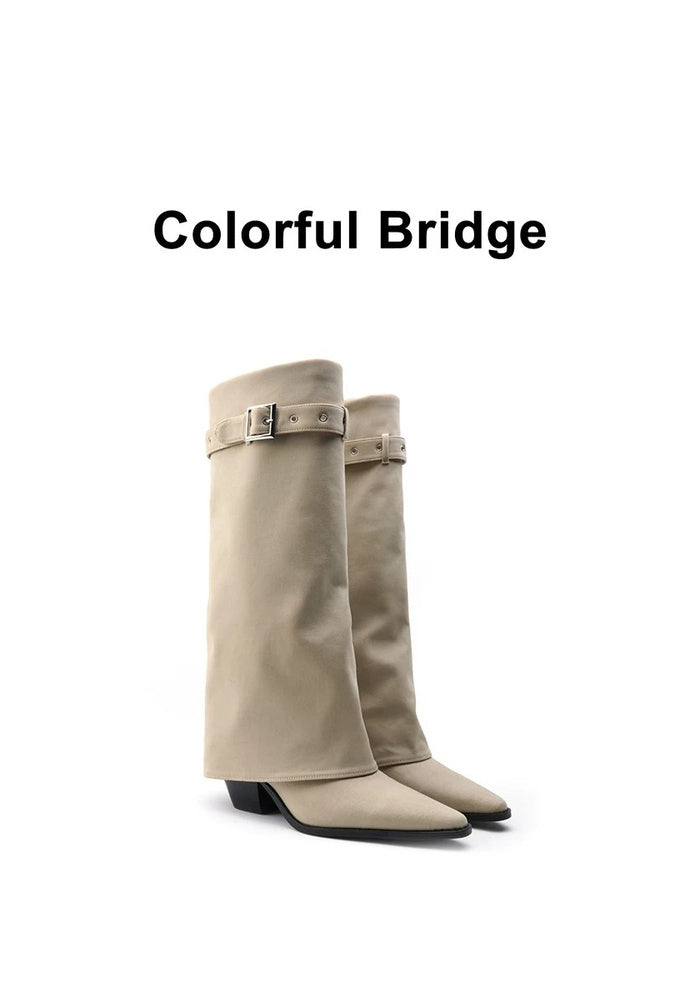 Calfskin Fold-Over Knee High Boots 6.5CM Block Heel Pointed Toe Adjustable Buckle Strap Western Tall Boots