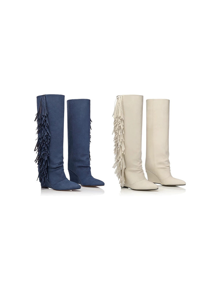 Western Fringe Wedge Knee-High Boots