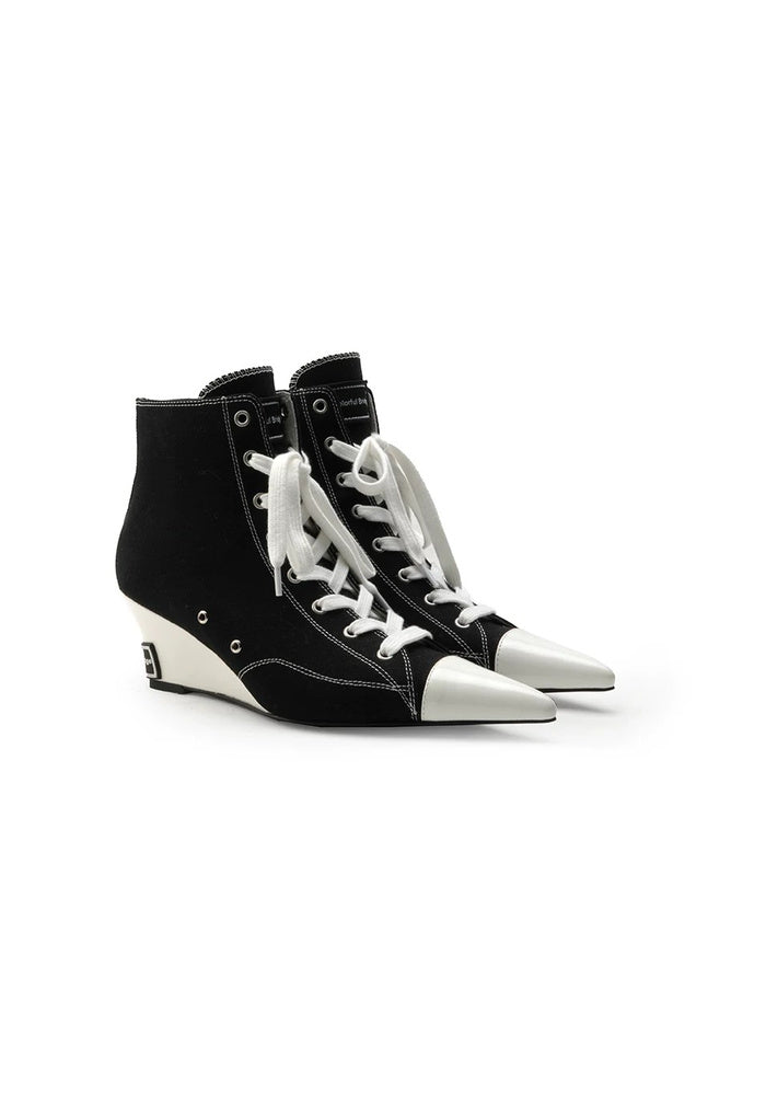Contrast Canvas Wedge Ankle Boots 5.5CM Wedge Heel Pointed Toe Lace-Up High Top Sneaker Booties