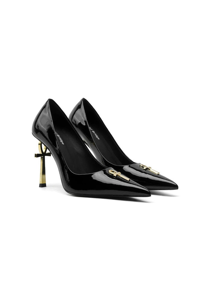 Patent Leather Ankh Symbol Stiletto Pumps 9CM Futuristic Avant-Garde Pointed High Heels