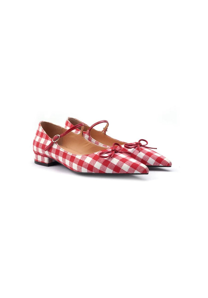 Red Gingham Cotton Mary Jane Flats 2.5CM Low Block Heel Pointed Toe Bow Strap Pumps