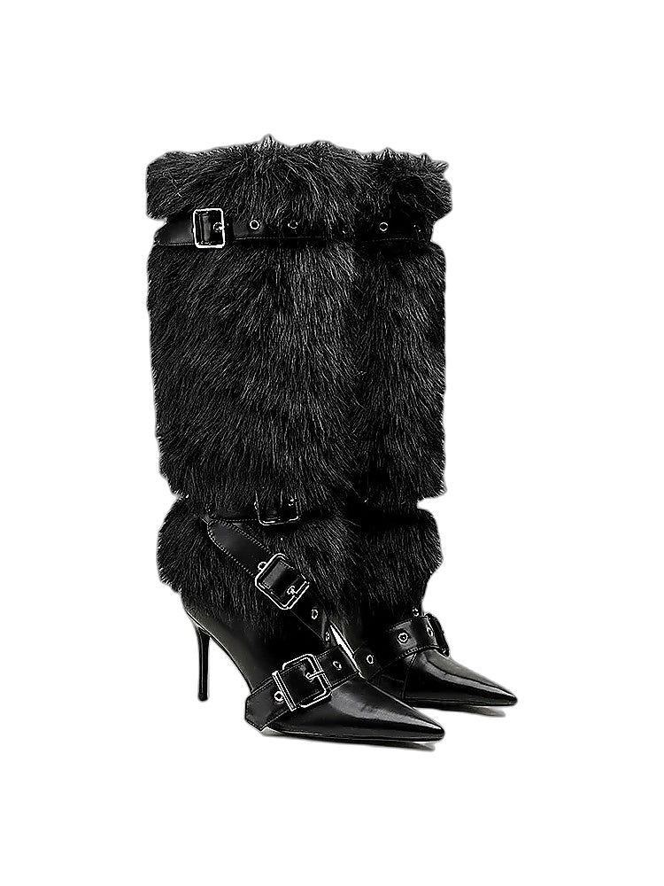 Night Hunt Faux-Fur Buckle Stiletto Boots