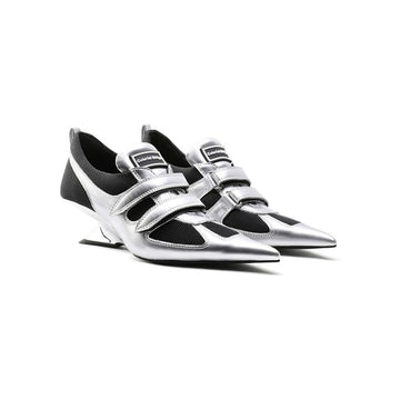 "Silverdash" Metallic Silver Cow Leather & Mesh Velcro Pointed Toe Sculpted Wedge Heel Avant-Garde Sneaker Pumps 5CM Futuristic Street Heels