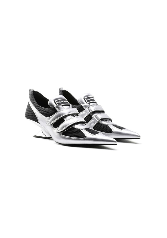 "Silverdash" Metallic Silver Cow Leather & Mesh Velcro Pointed Toe Sculpted Wedge Heel Avant-Garde Sneaker Pumps 5CM Futuristic Street Heels