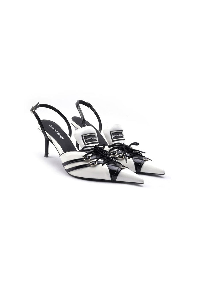 Patent Leather Lace-Up Slingback Pumps 7.5CM Stiletto Heel Pointed Toe Contrast Color Designer Mules