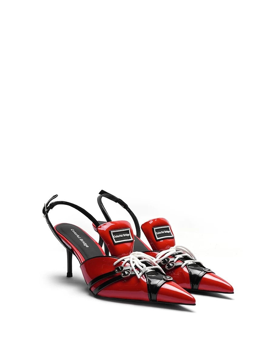 F1 Racing Series Designer Sporty High-Heeled Pointed-Toe Patent Leather Sandals