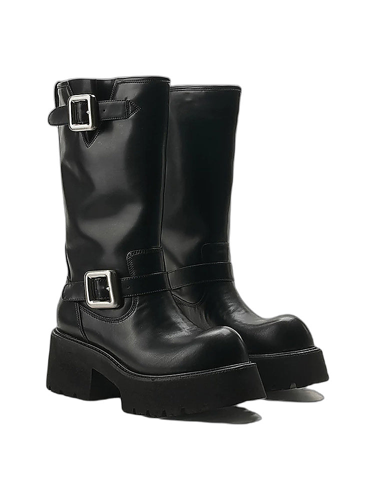 Double-Buckle Platform Mid-Calf Boots