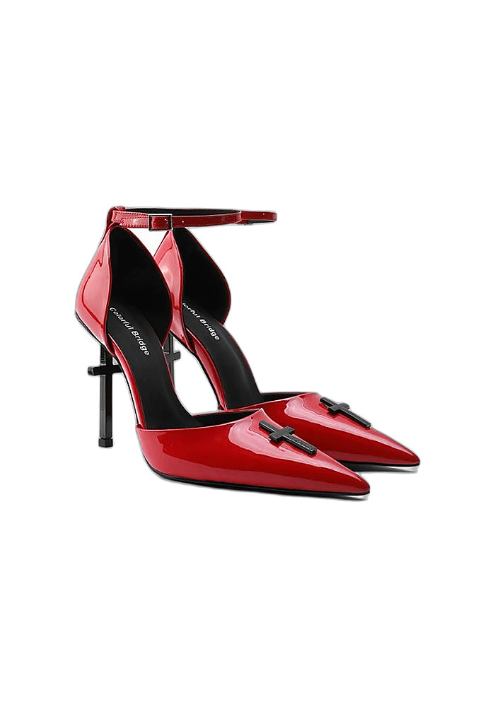 Patent Leather Ankle Strap Stiletto Pumps 10CM Cross Sculpted Heel Hollow Pointed Toe Avant-Garde Gothic Heels