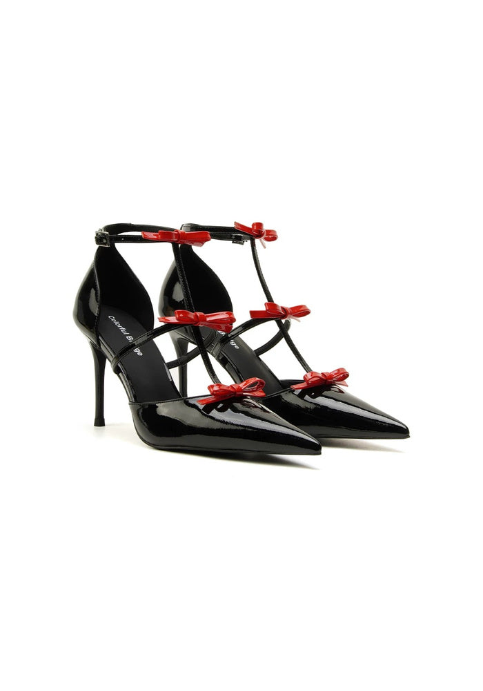 Triple Red Bow T-Strap Ankle Stiletto Pumps 8.5CM Romantic Avant-Garde Pointed Heels