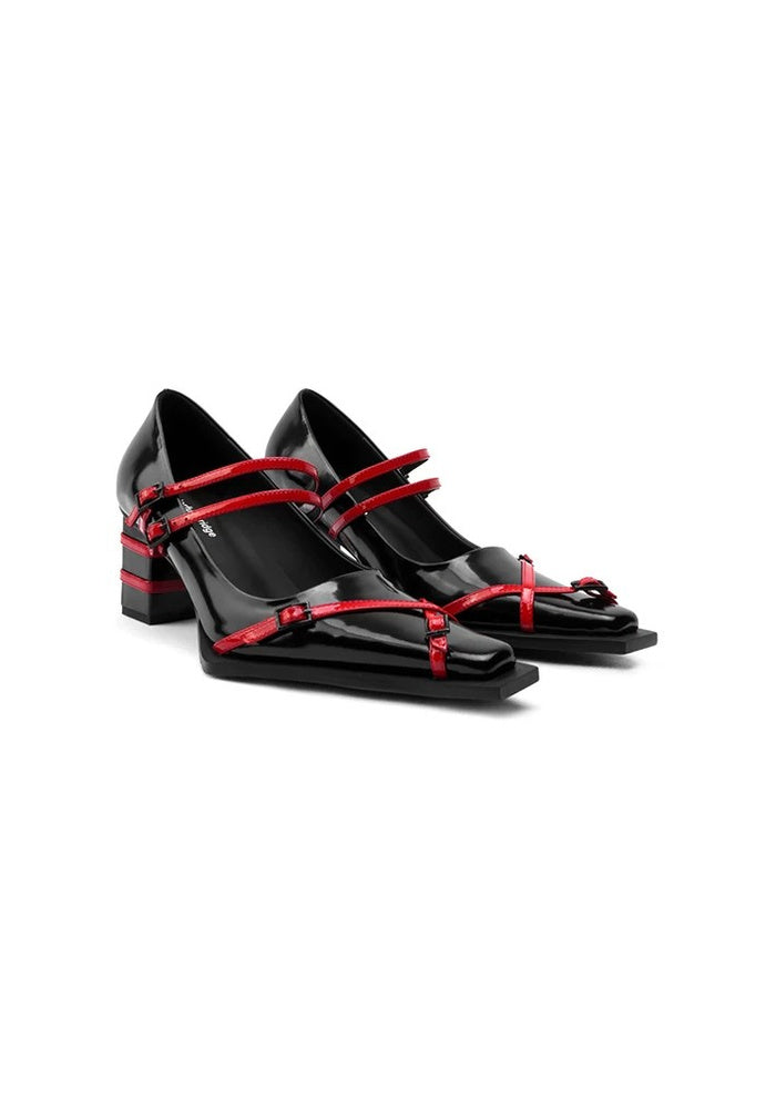 Patent Leather Red Contrast Strap Square Toe Mary Jane Pumps 6CM Color Block Block Heel Designer Heels