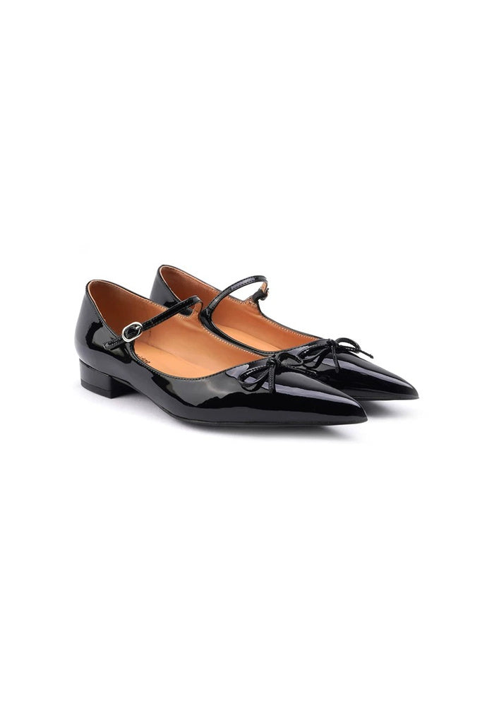 Black Patent Leather Mary Jane Flats 2.5CM Low Block Heel Pointed Toe Bow Pumps