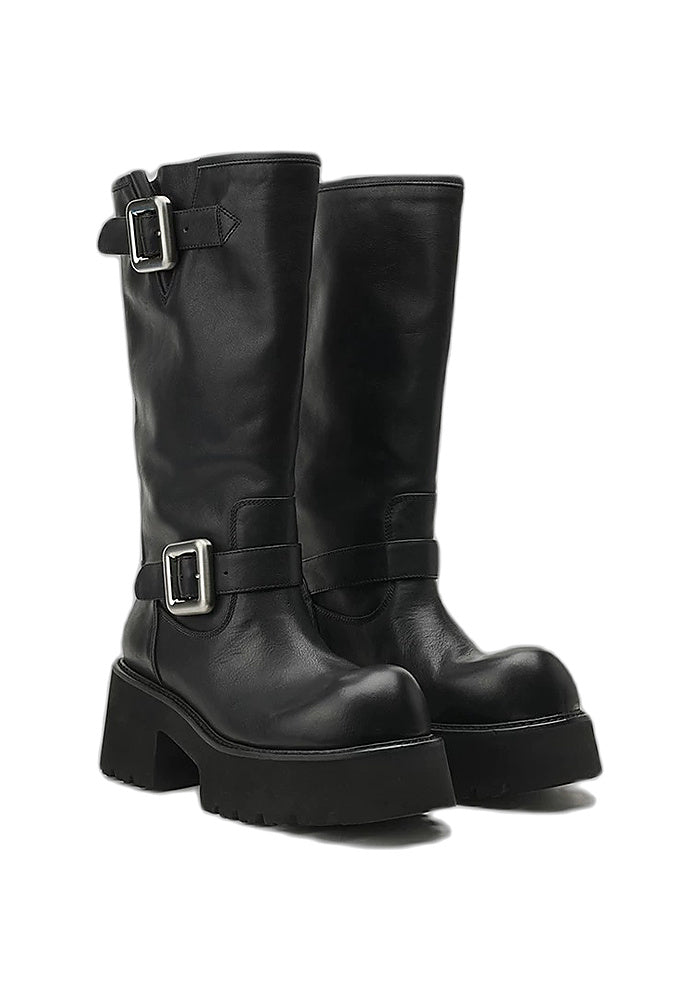 Leather Double Buckle Platform Mid-Calf Moto Boots 7CM Gothic Avant-Garde Block Heel Riding Boots