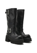 Leather Double Buckle Platform Mid-Calf Moto Boots 7CM Gothic Avant-Garde Block Heel Riding Boots