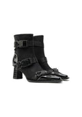 Techwear Stretch Satin Ankle Boots 6.5CM Grooved Block Heel Square Toe Quick Release Buckle Strap Gothic Booties
