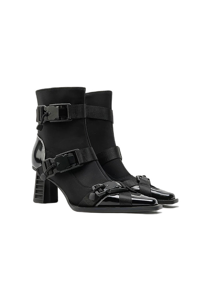 Techwear Stretch Satin Ankle Boots 6.5CM Grooved Block Heel Square Toe Quick Release Buckle Strap Gothic Booties