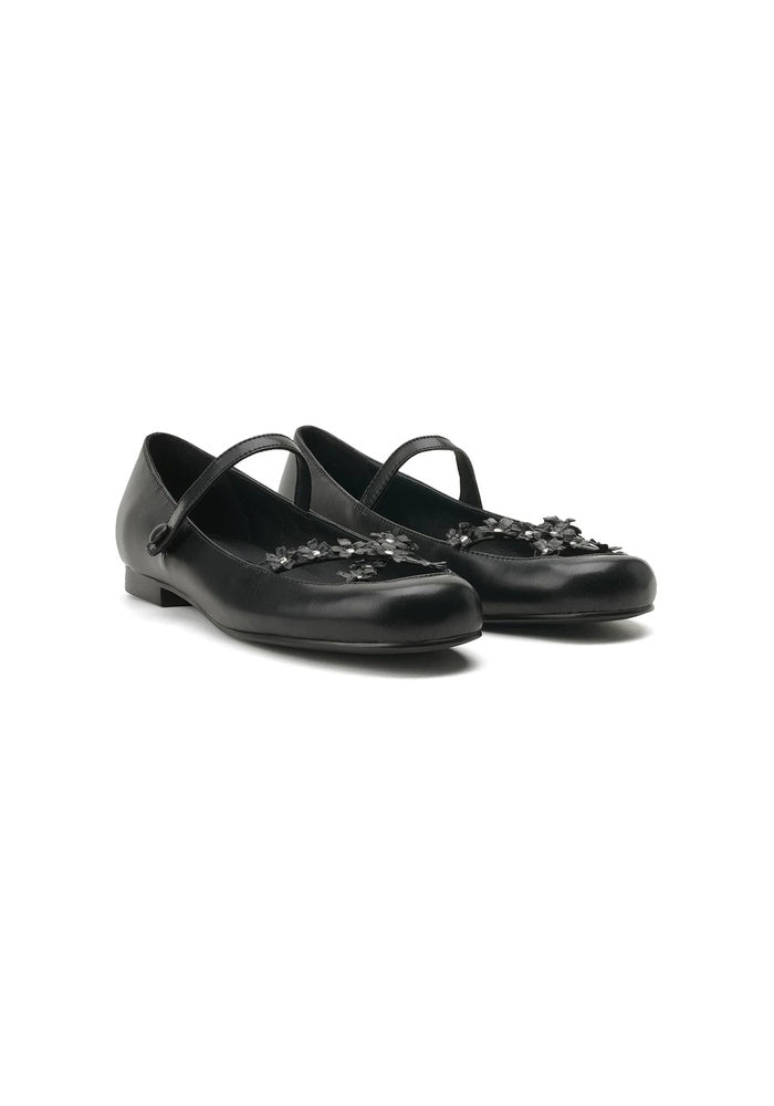 Leather 3D Floral Mary Jane Flat Shoes 1.5CM Minimalist Vintage Ballet Flats