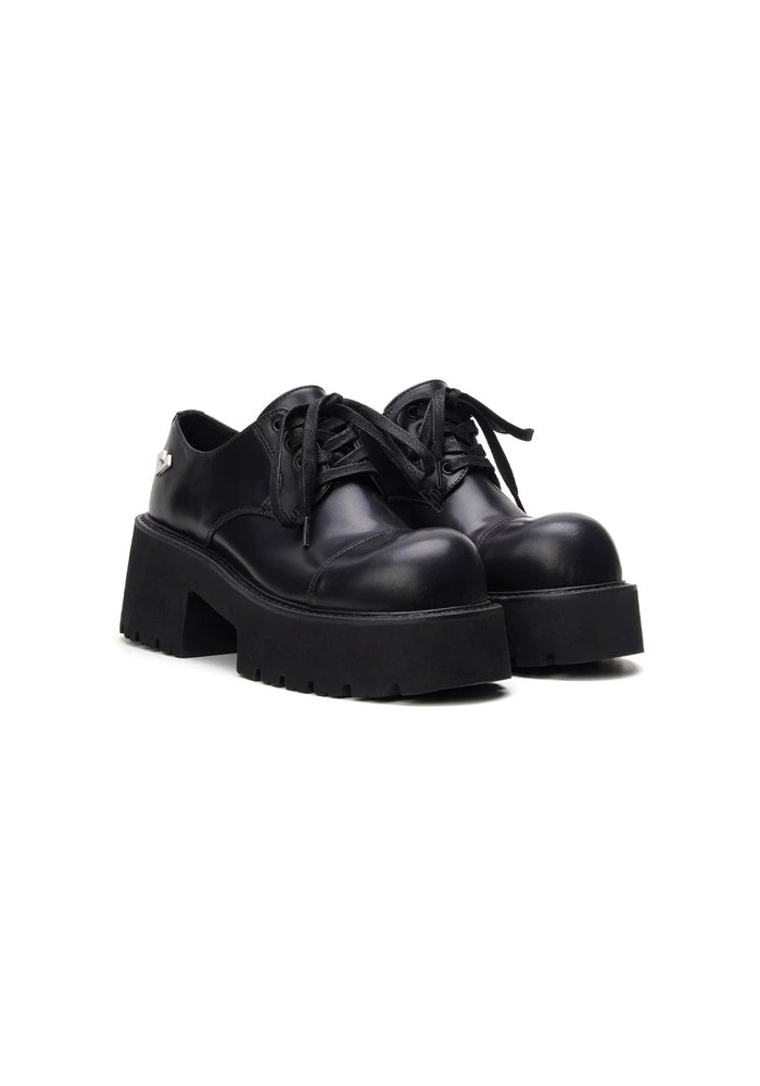 Leather Chunky Platform Oxford Shoes 7CM Block Heel Avant-Garde Pointed-Up Toe Lace-Up Gothic Loafers