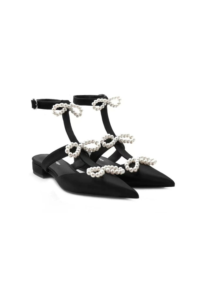 Mulberry Silk Pearl Bow Flat Sandals 2.5CM Pointed Toe Ankle Strap T-Strap Mules