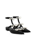 Mulberry Silk Pearl Bow Flat Sandals 2.5CM Pointed Toe Ankle Strap T-Strap Mules