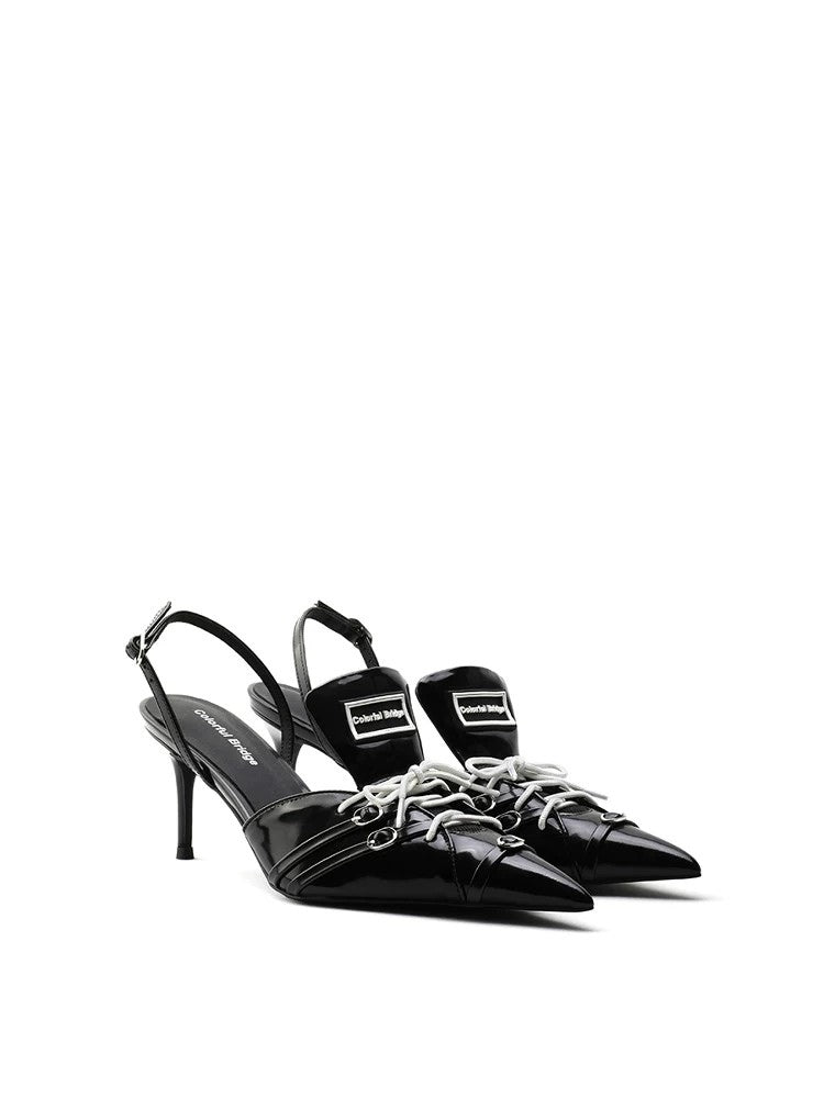 Racing-inspired Designer Sporty High-Heel Pointed-Toe Black Sandals