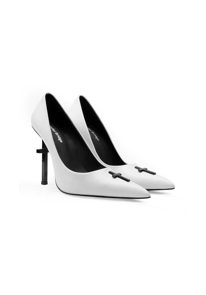 White Calfskin Cross Sculptural Stiletto Pumps 10CM Pointed Toe Designer High Heels