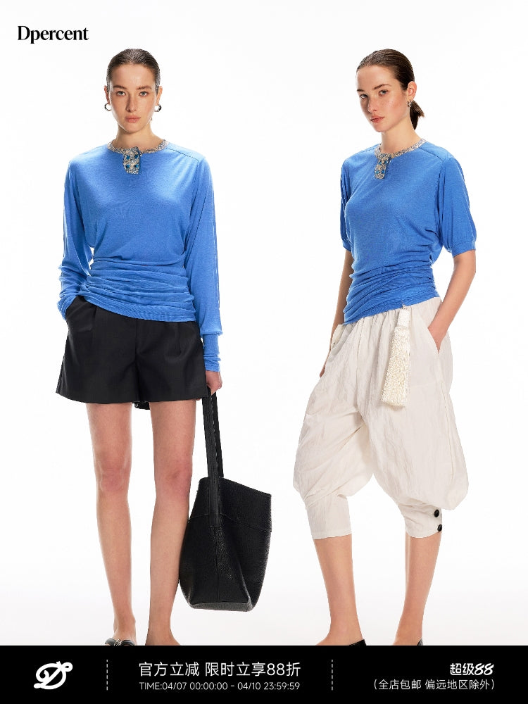 Dpercent Asymmetrical-Pocket, Textured Silk-Like, 7/8-Length, Wide-Leg, Relaxed-Fit, Stretch-Waist, Balloon Pants