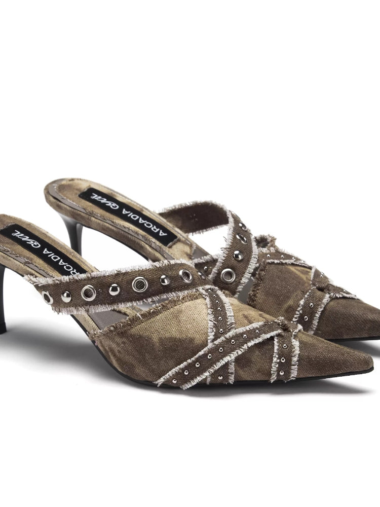 Arcadiagyal Original Design Hot Girl Slimming Leg-Lengthening Hot Girl Slimming Raw Edge High Heel Pointed Toe Slippers Coffee