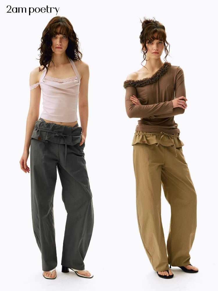 2AM POETRY Pleated, Turn-Up, Mid-Low Rise, Loose-Fit, Drawstring, Casual, Wide-Leg, Loose-Fit, Curved-Leg Pants