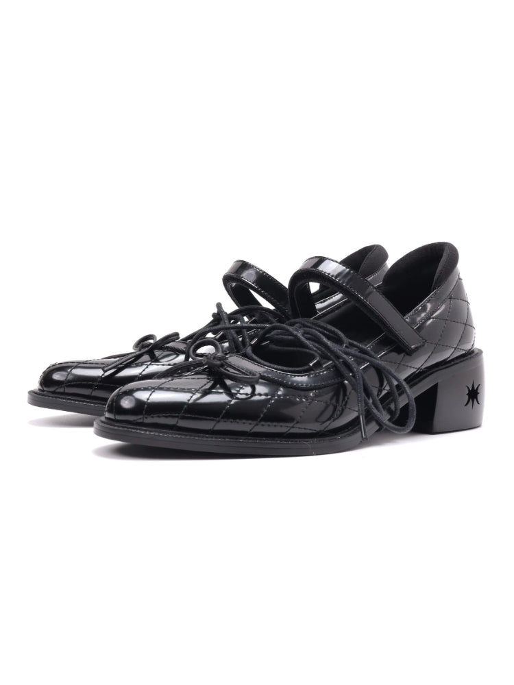 Original Diamond-Pattern Mary Jane Shoes: Dark-Style Lace-Up Leather Loafers, Summer Black Chunky-Heel Pumps
