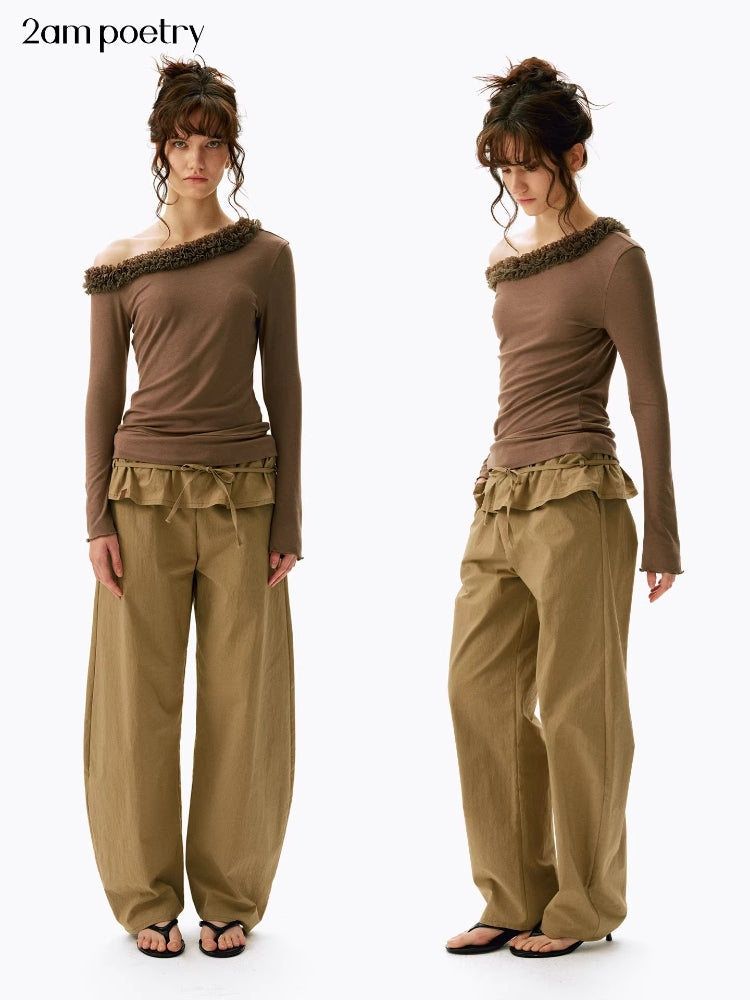 2AM POETRY Off-the-Shoulder Pleated 3D Lace Slightly Fitted Slimming Long-Sleeve T-Shirt Top