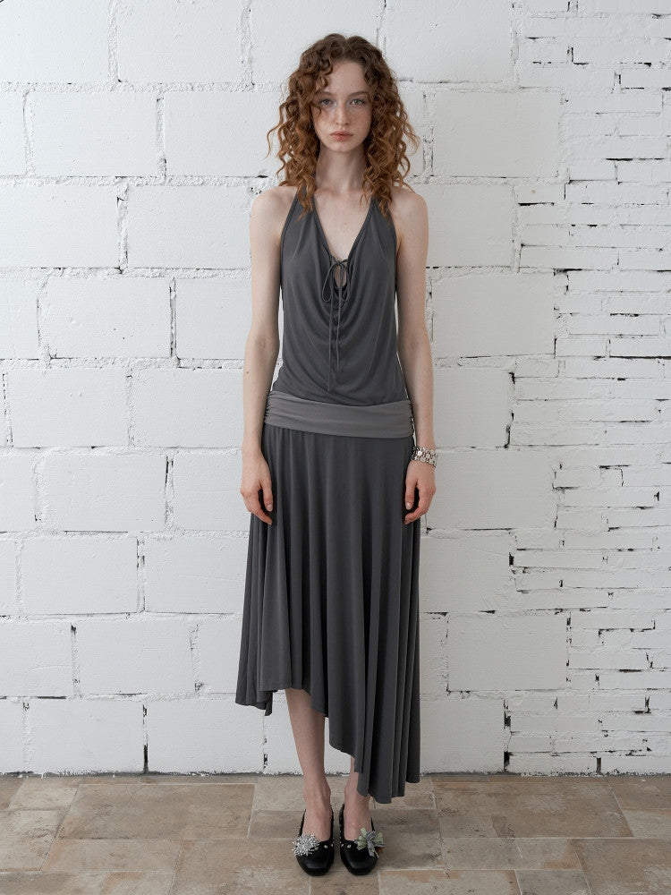 2AM POETRY Halter-Neck, Tie-Front, Off-the-Shoulder, Patchwork, Pleated, Asymmetrical Dress