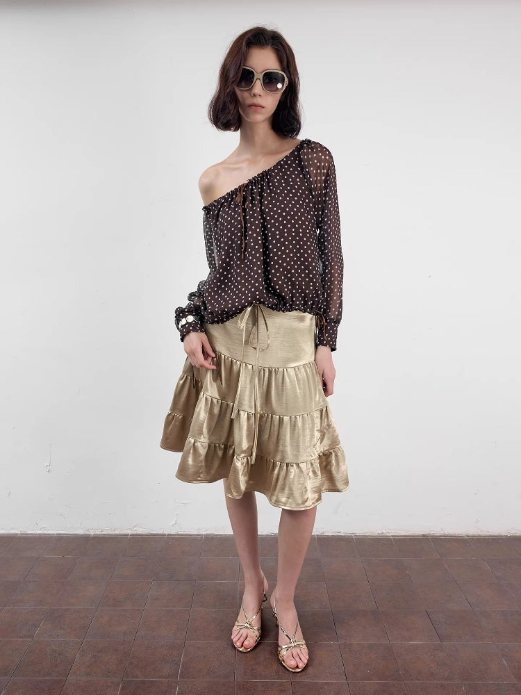 2AM POETRY Gold Pleated Skirt: Pleated, Drawstring Waist, Layered A-Line Midi Skirt