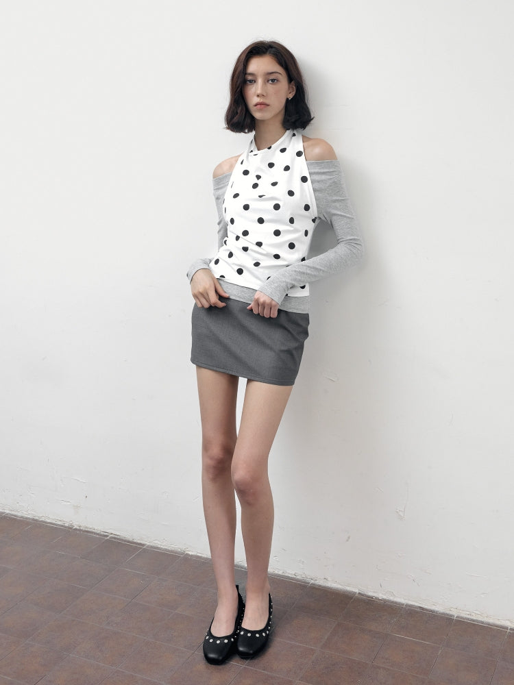 2AM POETRY Polka Dot Shirt: Two-Piece-Style Polka Dot Patchwork Halter-Neck Off-the-Shoulder Long-Sleeve T-Shirt