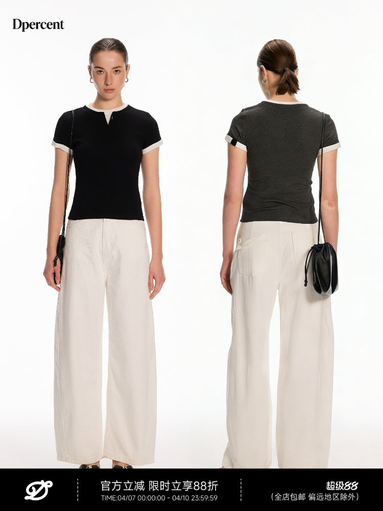 Dpercent Small V-neck Two-Piece Style with Contrasting Color Rolled Cuffs Two-Tone Straight-Shoulder Stretch T-Shirt