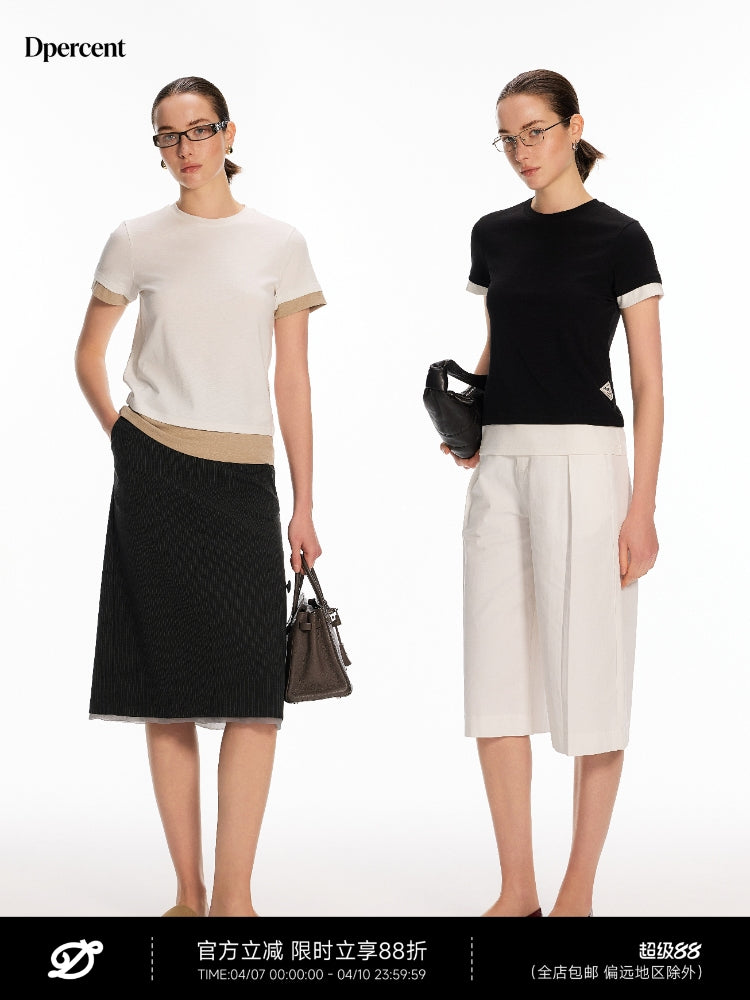 Dpercent Recycled Fiber Classic Casual Oversized Color-Block Breathable, Flattering Faux Two-Piece Crew Neck T-Shirt