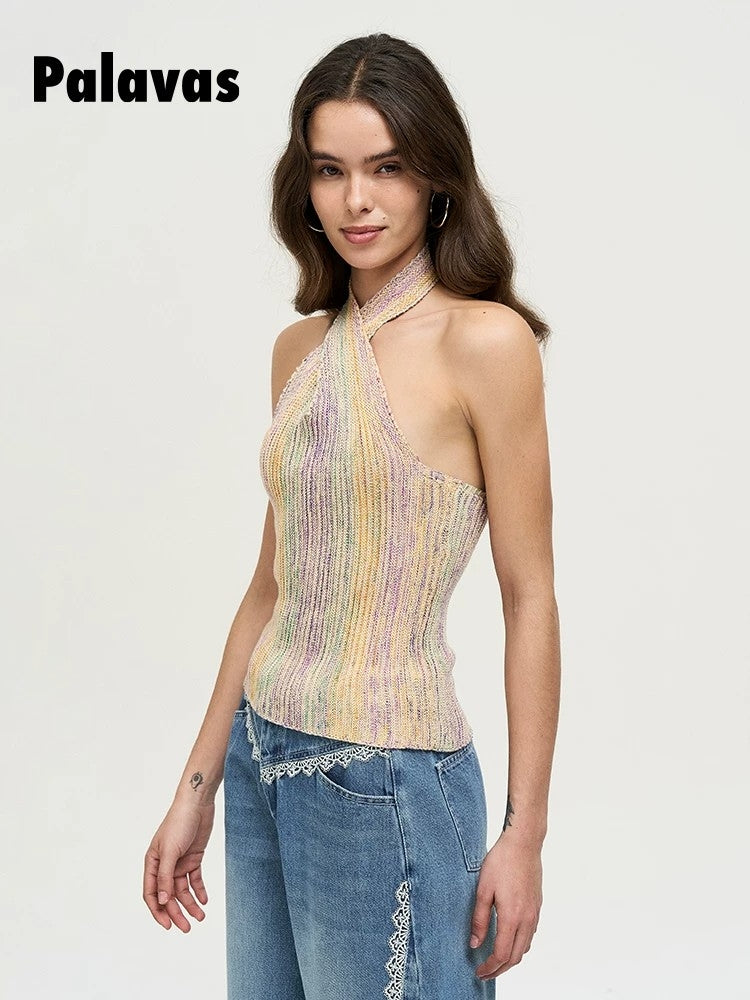 Sunset and Evening Breeze Cross-Over Neckline Knit Tank Top