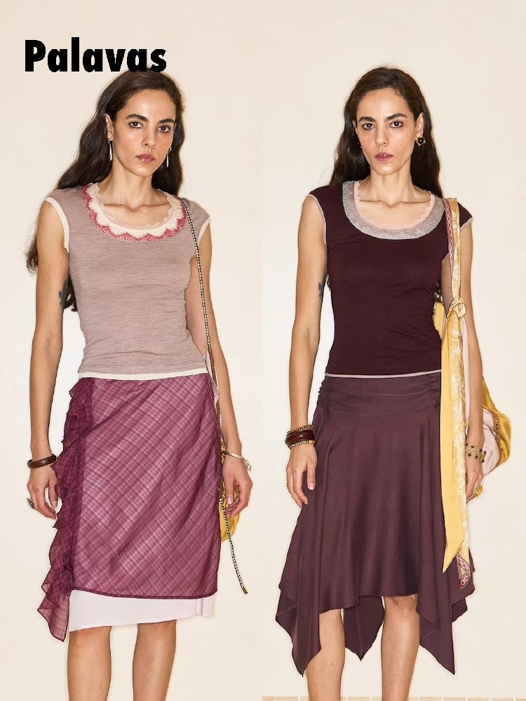 Twilight Pomegranate Lace Short-Sleeve Patchwork T-Shirt: A Unique, Designer-Style Top