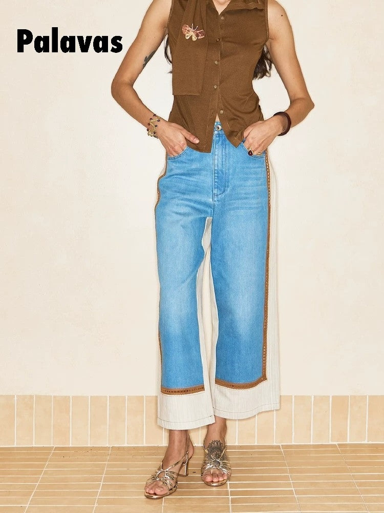 Patchwork Denim High-Waisted Straight-Leg Long Pants for Women by Boxi