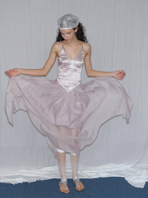 2AM POETRY Shimmering Textured Irregular-Petal Pleated Patchwork Pink-Purple Tulle Dress