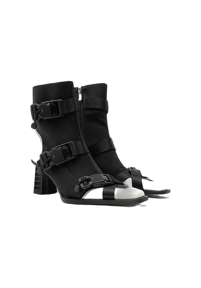 Block Techwear Buckle Ankle Boots 6.5CM Geometric Block Heel Square Toe Sock Booties