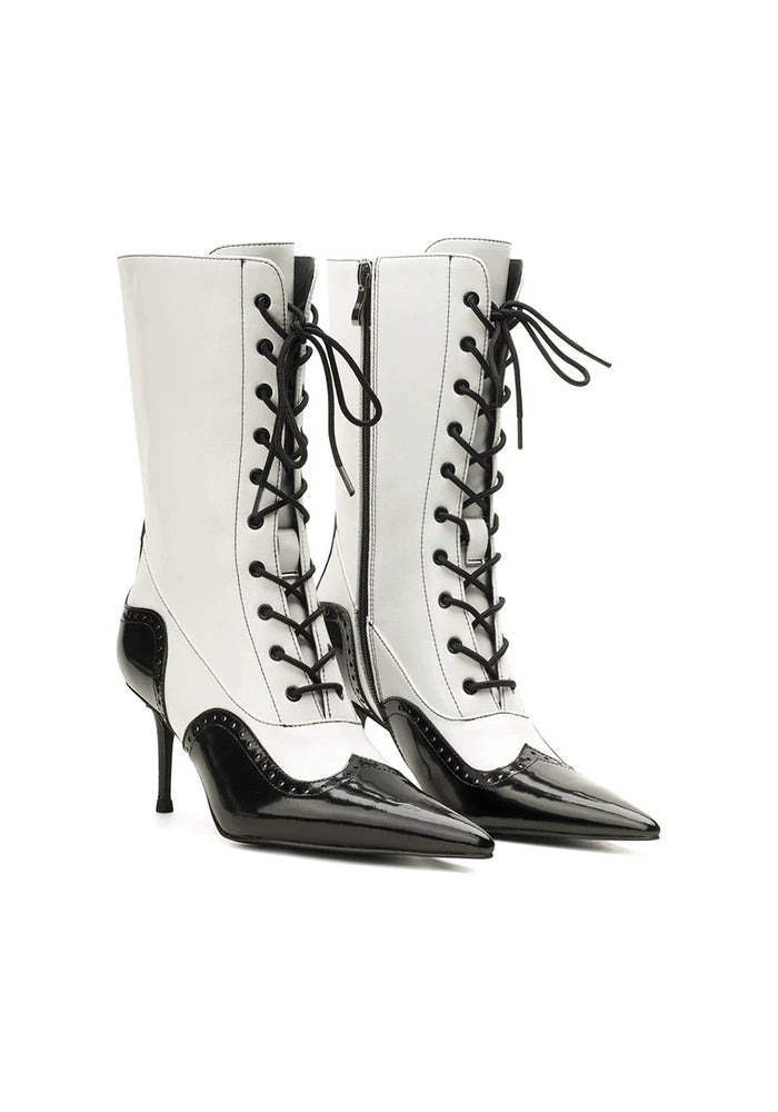 Brogue Lace-Up Mid-Calf Stiletto Boots 7.5CM Avant-Garde Two-Tone Pointed Toe Boots