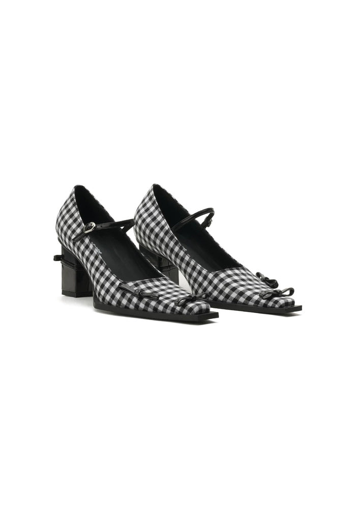 Gingham Mary Jane Block Heel Pumps 6.5CM Vintage Avant-Garde Square Toe Shoes