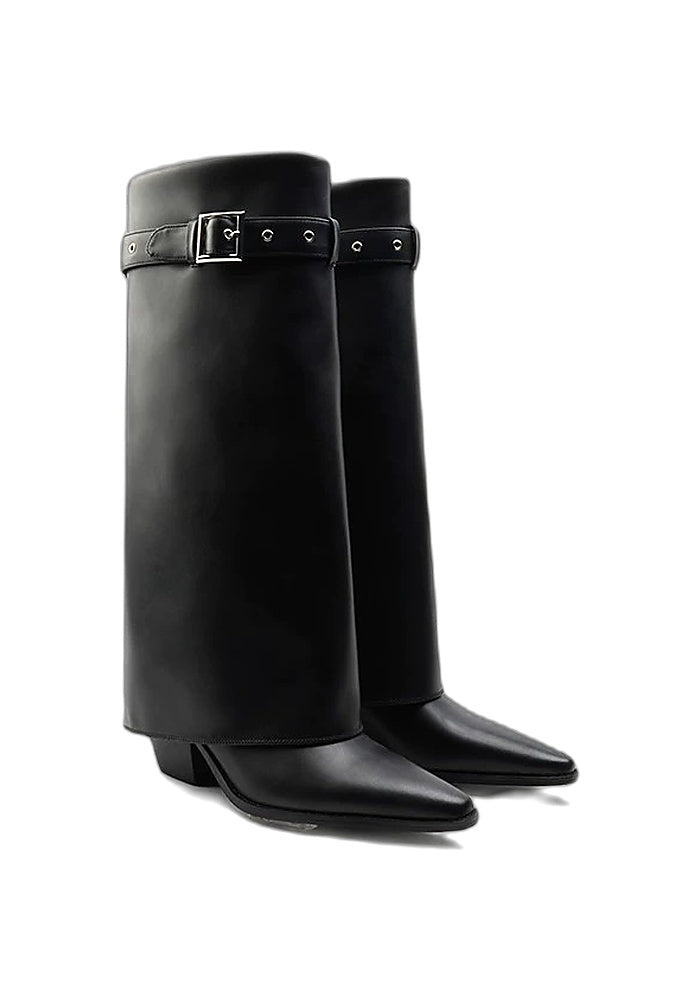 Calfskin Fold-Over Knee High Boots 6.5CM Block Heel Pointed Toe Buckle Strap Western Tall Boots