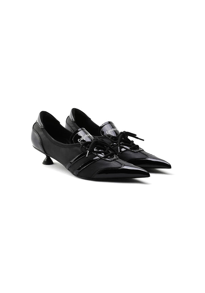 "Darkstar" Mixed Patent & Matte Black Leather Lace-Up Pointed Toe Mini Flared Kitten Heel Derby Pumps 3.5CM Cyber Avant-Garde Dress Shoes