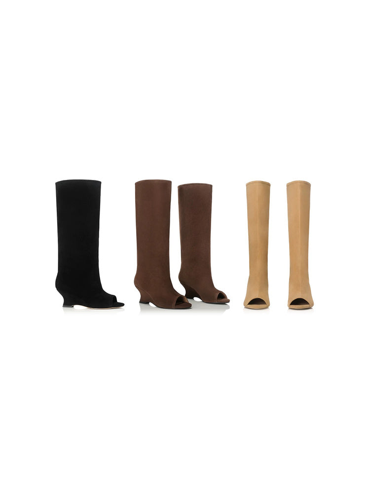 Peep-Toe Wedge Knee-High Boots