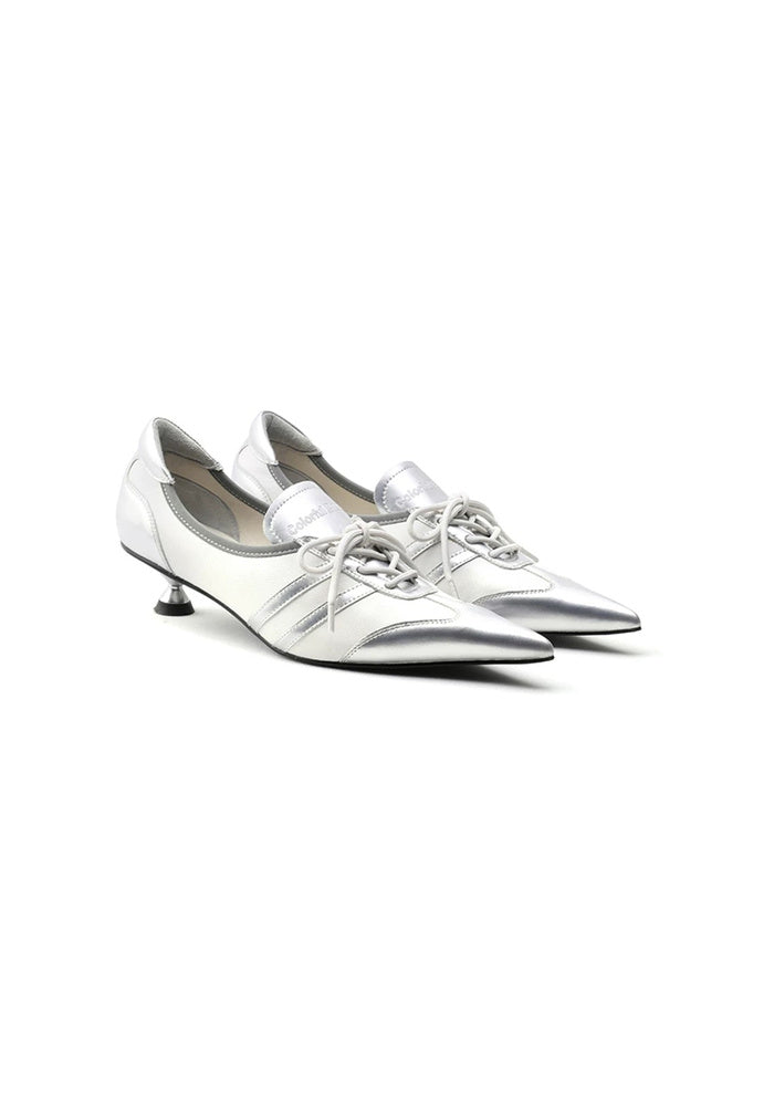 Silvertrail" Metallic Silver Cow Leather Lace-Up Pointed Toe Low Kitten Heel Derby Pumps 3.5CM Futuristic Avant-Garde Dress Shoes