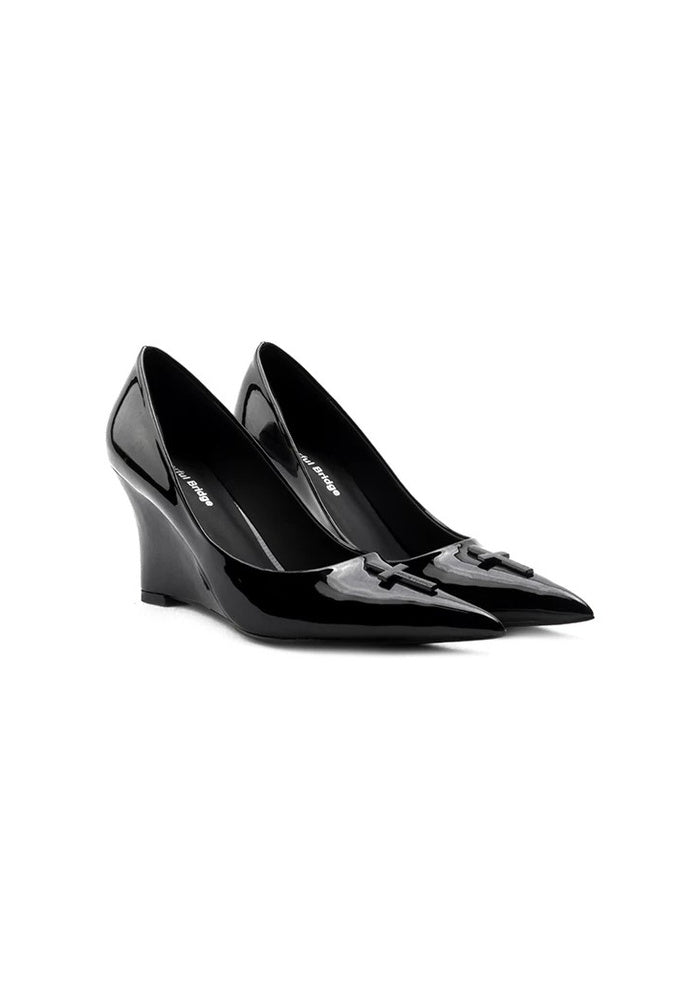 Patent Leather Cross Decor Wedge Pumps 8CM Pointed Toe Gothic Wedge Heel Dress Shoes